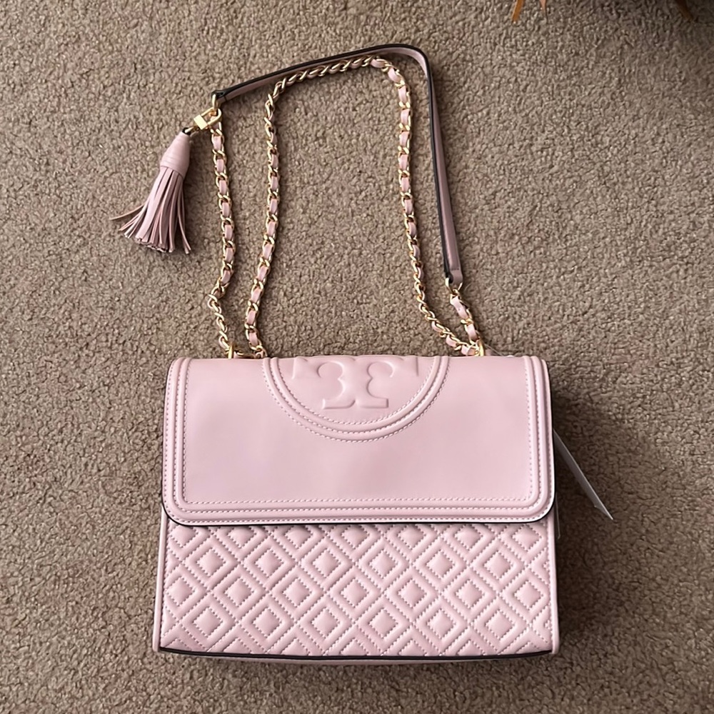 Tory Burch Fleming Quilted Lambskin Shoulder Bag; she’ll pink